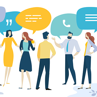 An illustration of business people standing in a group with colorful speech bubbles above their heads.
