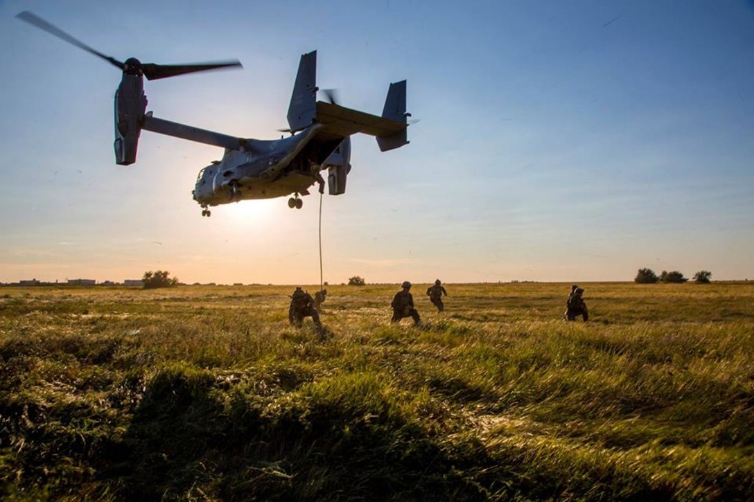 Service members kneel in a field as an Osprey hovers overhead.