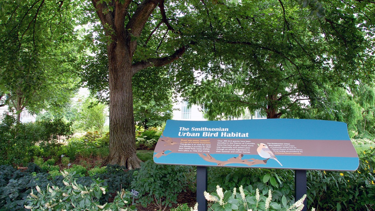Teal welcome sign with bird on it at entrance to the Urban Bird Habitat