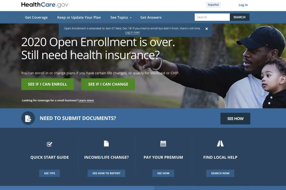 FILE - This screen grab from the website HealthCare.gov shows the extended deadline for signing up for health care coverage for 2020.   (Centers for Medicare and Medicaid Services via AP, File) Photo: AP / Centers for Medicare and Medicaid Services