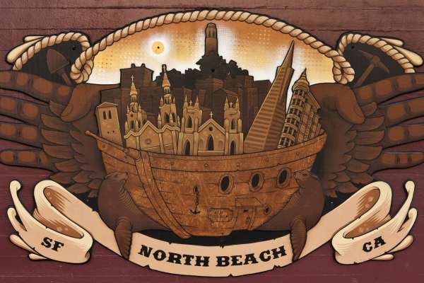 North Beach ship mural45-year-old illustrator and fine artist Jeremy Fish has been living and making art in the city limits of San Francisco for the past 25 years. Now living in the middle of North Beach, his murals can be found all over the neighborhood.