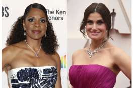 In this combination photo, Audra McDonald attends the 42nd Annual Kennedy Center Honors at The Kennedy Center in Washington on Dec. 8, 2019, left, and Idina Menzel arrives at the Oscars in Los Angeles on Feb. 9, 2020. Stage stars like McDonald, Menzel, Kristin Chenoweth, Norbert Leo Butz, Kelli O'Hara, Wayne Brady, Betty Buckley and Laura Benanti will appear singing and performing live from their homes in two daily mini-online charity shows starting Monday night. The shows are the brainchild of Seth Rudetsky and James Wesley, the host and producer of Sirius XM's "On Broadway," and will follow the traditional theater times of 2 p.m. ET and 8 p.m. ET. (Photos by Richard Shotwell/Invision/AP, left, and Greg Allen/Invision/AP)
