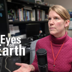 Color photo of Birgit Peterson with USGS EROS "Eyes on Earth" podcast graphic 