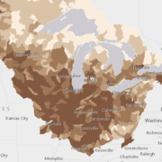 Choropleth map (in brown) showing phosphorus load across midcontinental North America
