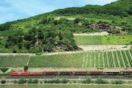 Freight train along the Rhine River in western Germany.