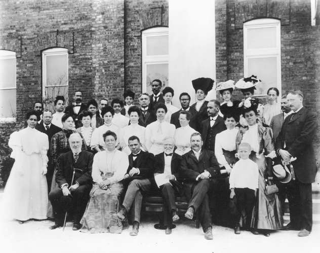 Booker T. Washington (front row, centre left), with Andrew Carnegie and other sponsors of the Tuskegee Normal and Industrial Institute (later Tuskegee University), Alabama, 1903.