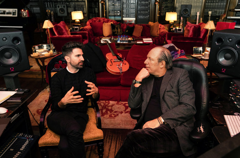 The composer Hans Zimmer, right, with Renzo Vitale, BMW’s sound designer, in Mr. Zimmer’s studio in California.
