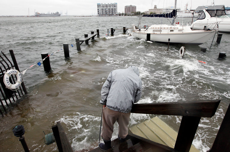 Rising waters, wind and rain as Hurricane Sandy approached Norfolk in 2012.