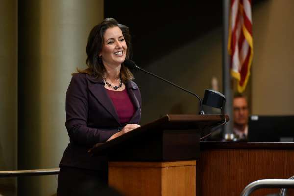 Oakland Mayor Libby Schaaf gives a speech after being sworn in as mayor during an inauguration ceremony for elected representatives at City Hall in Oakland, Calif., on Monday, January 7, 2019.