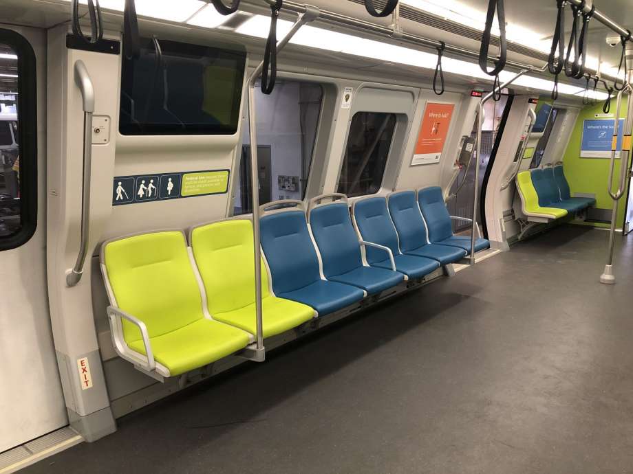 Reconfigured seats on a BART train car. The transit system is looking into changing seating in cars to it make it easier to preserve physical distancing. (May 27, 2020.) Photo: BART