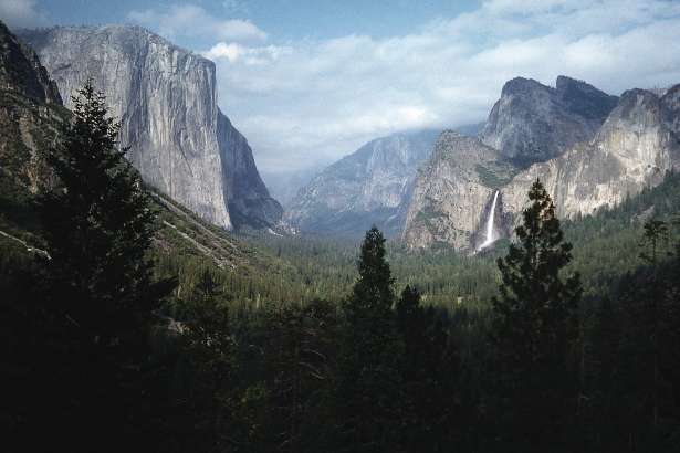 El Capitan and Bridal Veil Falls visible in wide angle view of Yosemite National Park (Photo by Ralph Crane/The LIFE Picture Collection/Getty Images)