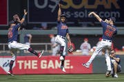 Twins outfielders, from left, Eddie Rosario, Byron Buxton and Max Kepler, celebrated a May 15 victory over the Angels last season at Target Field, whe