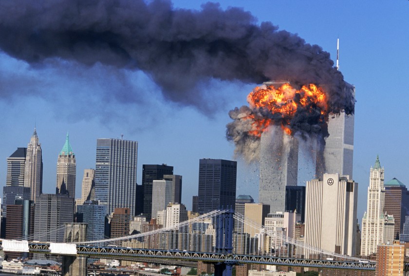 The World Trade Center towers burn on Sept. 11, 2001. The worst terrorist attack on U.S. soil also hit the Pentagon, and another hijacked plane went down in a field near Shanksville, Pa., after passengers fought back against the men who planned to use it as a weapon aimed at Washington.