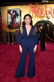 Lana Condor rocked a plunging navy jumpsuit with a bedazzled bodice at the world premiere of 'Mulan.'