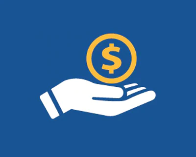 Graphic of hand holding dollar sign on a blue background