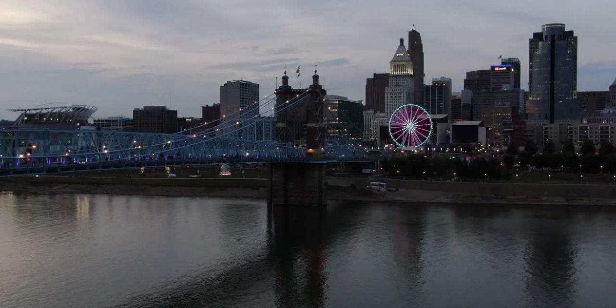Drone video of the Roebling Bridge lit up for BLINK