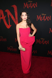 Auli'i Cravalho glammed up in a strapless red peplum gown by Azzi & Osta for the world premiere of 'Mulan.'