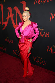 Christina Aguilera was impossible to miss in this color-block Galia Lahav gown with oversized bow detail at the world premiere of 'Mulan.'