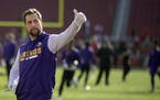 Minnesota Vikings wide receiver Adam Thielen gave a thumbs-up to fans before the game.