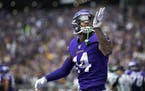 Minnesota Vikings wide receiver Stefon Diggs (14) blew a kiss to the fans after his third catch of the game against the Philadelphia Eagles on Sunday 