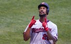 Minnesota Twins’ Byron Buxton celebrates after hitting a home run during the fifth inning of a baseball game against the Milwaukee Brewers Wednesday