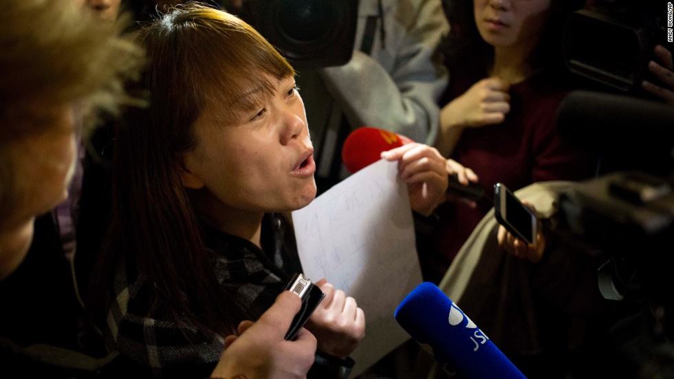 On March 18, 2014, a relative of a missing passenger tells reporters in Beijing about a hunger strike to protest authorities&#39; handling of information about the missing jet.