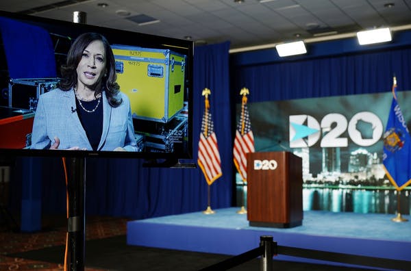 Vice presidential candidate Sen. Kamala Harris, D-Calif., addressed the virtual Democratic National Convention on Wednesday, as seen on a monitor in t