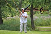 Bob Nasby casted a 16-foot fly rod built in Scotland in the 1880s. Nasby orders such rods from Scotland, then reconditions them.