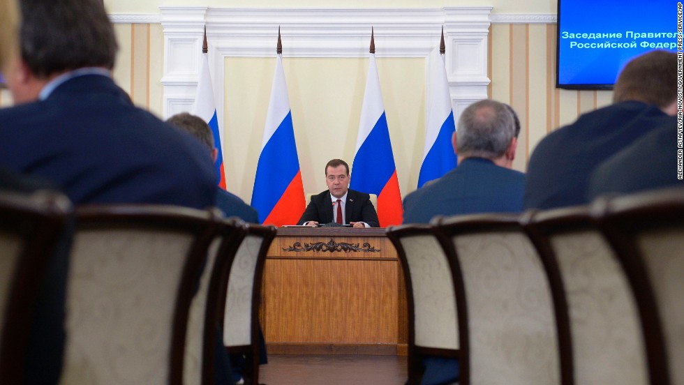 Russian Prime Minister Dmitry Medvedev speaks about the economic development of Crimea during a meeting March 31 in Simferopol.