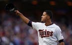 Minnesota Twins starting pitcher Jose Berrios (17) tipped his hat to the crowd as he was pulled from the game in the in the eighth inning Thursday.