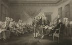 This 1876 engraving by W.L. Ormsby shows a version of the painting “Declaration of Independence, July 4th, 1776” by John Trumbull.