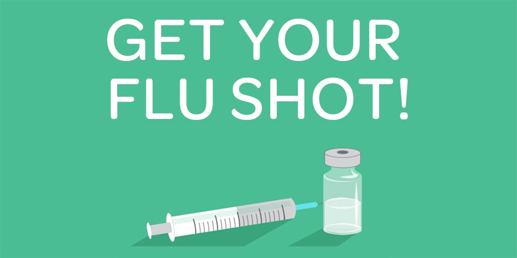 Illustration of a syringe and a flu vaccine vial with text, 'GET YOUR FLU SHOT'