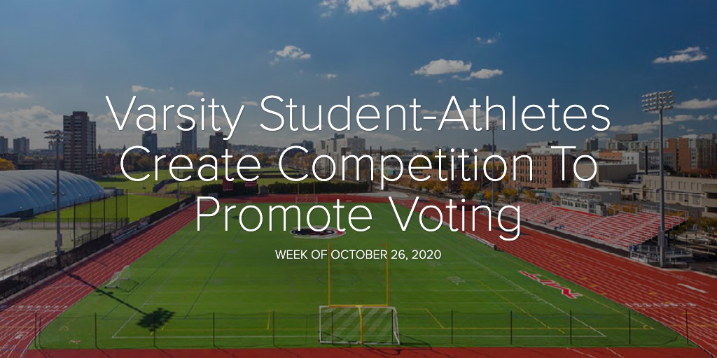 MIT football stadium in background with white text overlay: Varsity Athletes Create Competition To Promote Voting