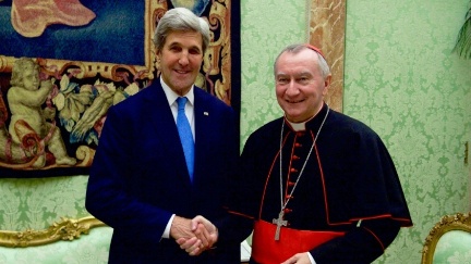 Secretary Kerry shakes hands with Vatican Secretary of State Cardinal Pietro Parolin on December 2, 2016, before a bilateral meeting on Mediterranean issues following an Italian-hosted multinational conference about Mediterranean issues at the Vatican in Rome, Italy. 