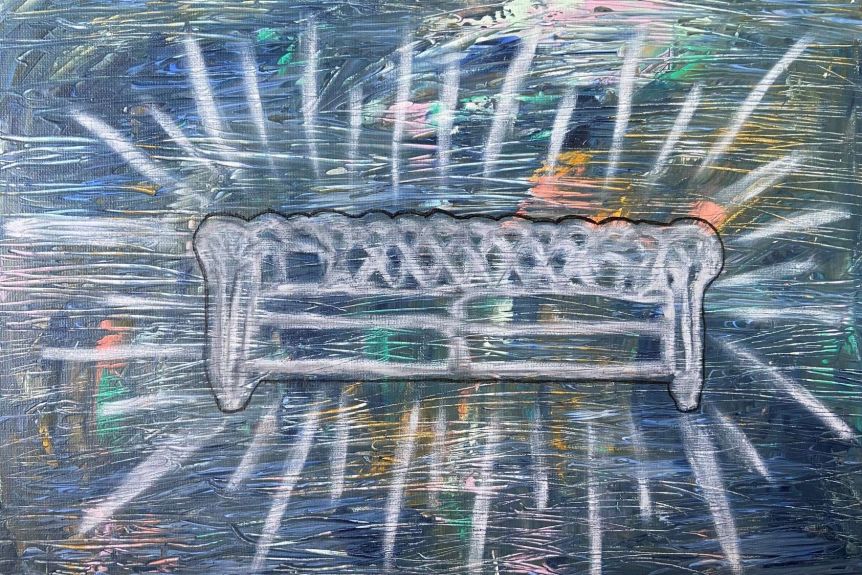 A painting of a chesterfield couch. The background is multi-coloured and moody and busy, the couch is a haven of safety.