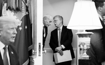 Former White House Chief of Staff John Kelly talks to ex–National Security Adviser John Bolton in a doorway of the White House. President Donald Trump is seen speaking off to the side.