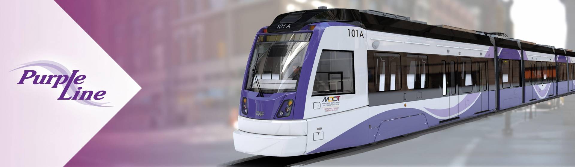 Purple Line train rendering in city setting. Purple Line logo to left of image.