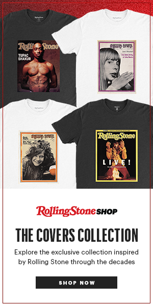 Set of four t-shirts wit classic Rolling Stone covers on them. Text reads 'Rolling Stone Shop, The Covers Collection. Explore the exclusive collection inspired by Rolling Stone through the decades'