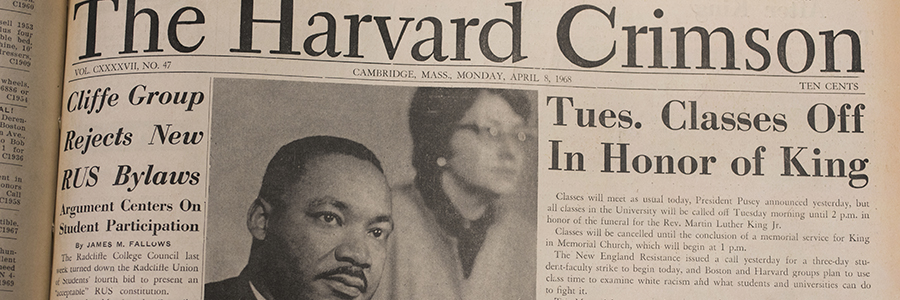 The Harvard Crimson on April 4, 1968 shows a photo of and article about Martin Luther King