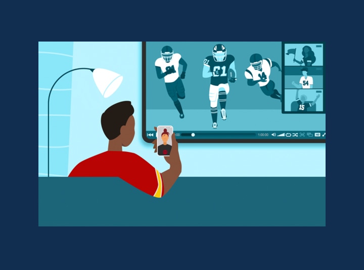 Illustration of a person watching football while video chatting on a mobile device.