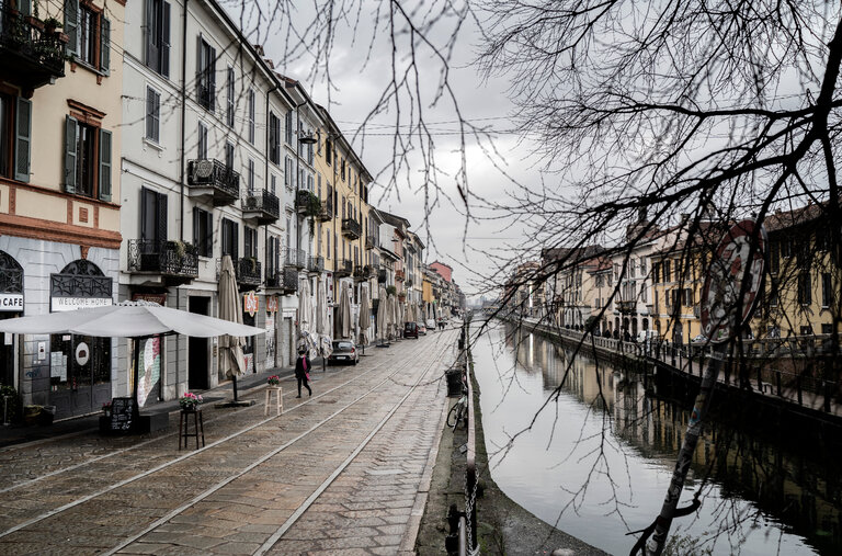 The almost deserted Navigli area in Milan on Tuesday.