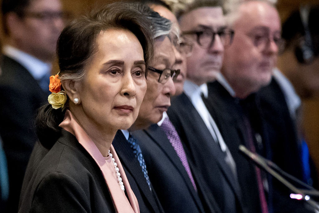 Myanmar's State Counsellor Aung San Suu Kyi stands before UN's International Court of Justice on December 10, 2019 in in the Peace Palace of The Hague, at the start of a three-day hearing on Rohingya genocide case.
