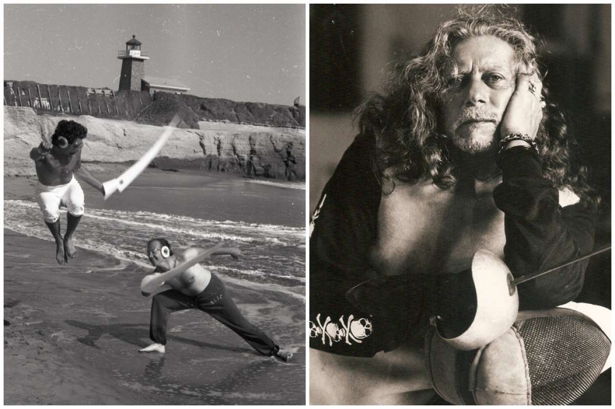 Michael D'Asaro fencing on the beach, and posing for a portrait in Los Angeles in the 1990s.