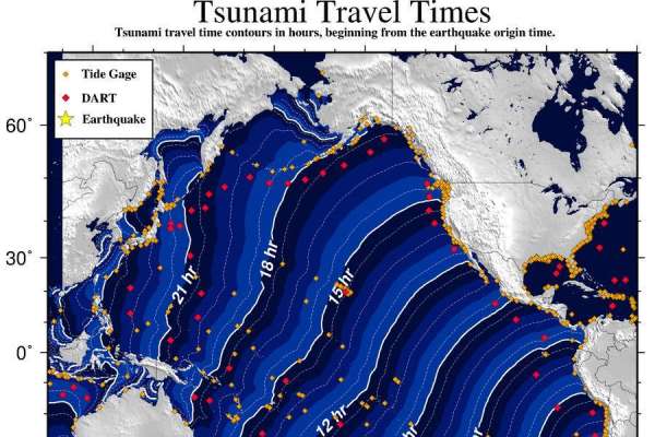 An image from the NOAA showing travel times for a possible tsunami from the magnitude-8.3 earthquake off the coast of Chile on Wednesday, Sept. 16, 2015.