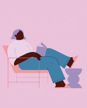 Illustration of a person reading in a comfortable chair wearing slippers.