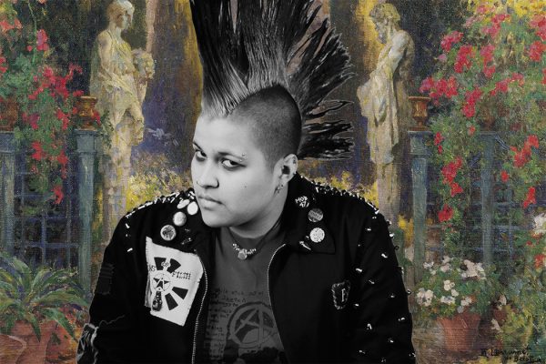 A punk with a mohawk in a cottagecore painting