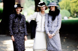 Models pose in looks from Chanel's fall 1983 couture collection advance. Designer Karl Lagerfeld's second couture collection for the House of Chanel.