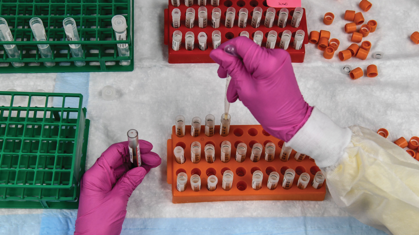 Photo shows a lab technician sorting blood samples for a COVID-19 vaccination study. (Chandan Khanna/AFP via Getty Images)