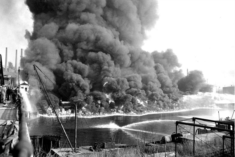 Cuyahoga River on fire 1952. One of many fires.