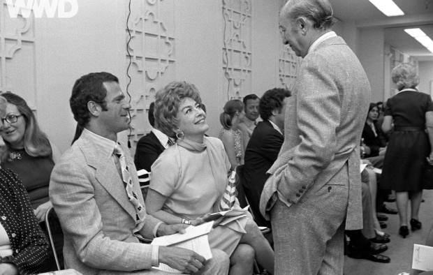 Joan Crawford sits front row at the Alixandre Fall 1973 fur show in 1972.